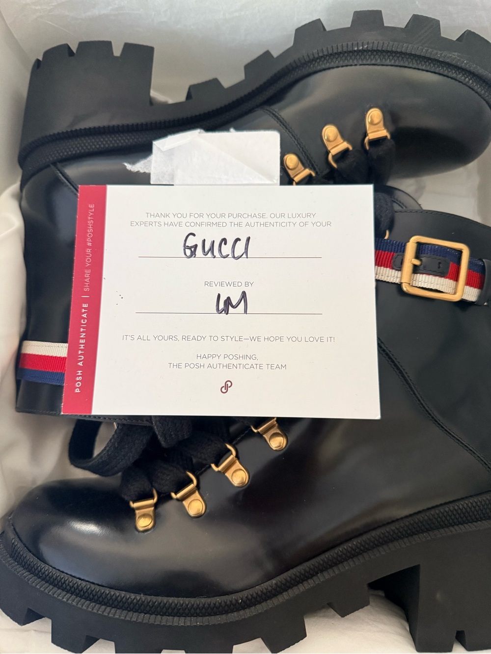 Gucci Black Leather Lace-Up Lug Sole Ankle Boots with Red-White-Blue Strap - Picture 2 of 8